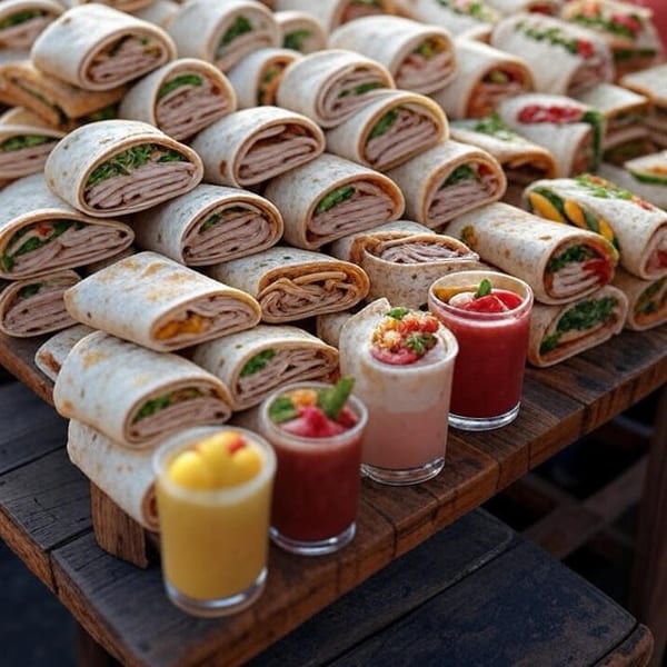 Numerous neatly arranged wraps and colorful fruit smoothies on a rustic wooden table.