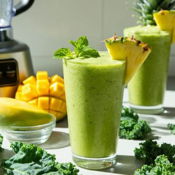Two green smoothies garnished with pineapple and mint, surrounded by kale, mango, and a blender.