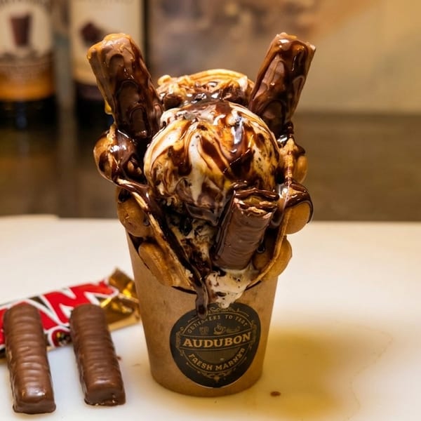 Audubon Fresh Market's bubble waffle with ice cream, chocolate syrup, and candy bars.