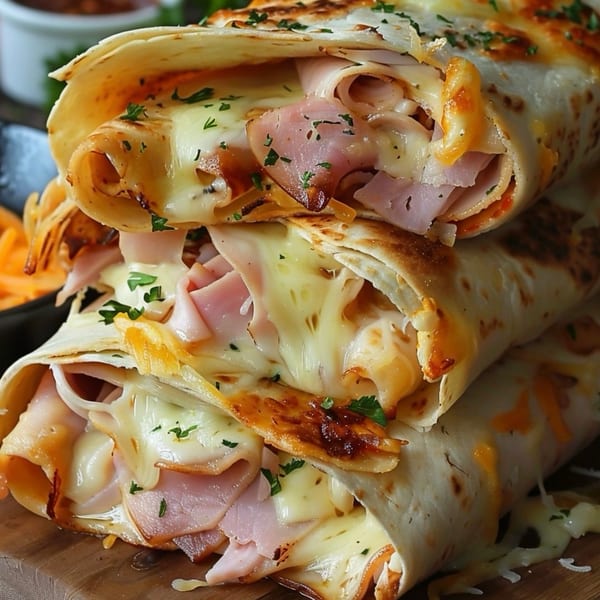 Stack of three cheesy ham and melted cheese quesadillas, garnished with parsley, on a wooden board.
