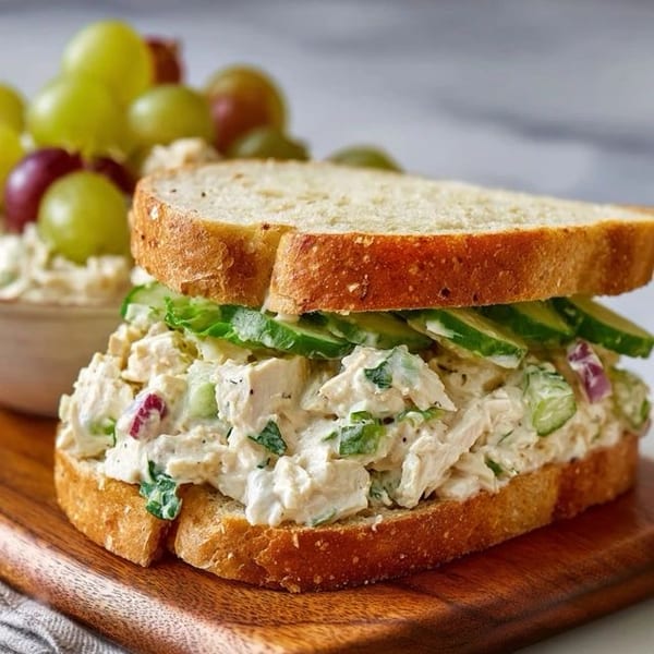Chicken salad sandwich with cucumber slices on toasted bread, served with grapes on a wooden board.
