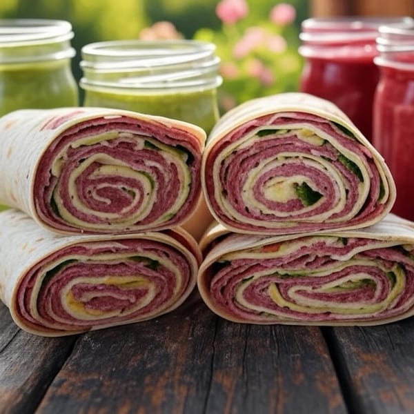 Four pinwheel wraps with meat and cheese, alongside green and red smoothies in jars.