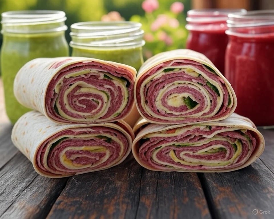 Four pinwheel wraps with meat and cheese, alongside green and red smoothies in jars.