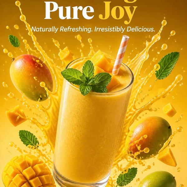 A mango smoothie in a glass with a straw, surrounded by whole and cut mangoes, mint, and splashes of juice.