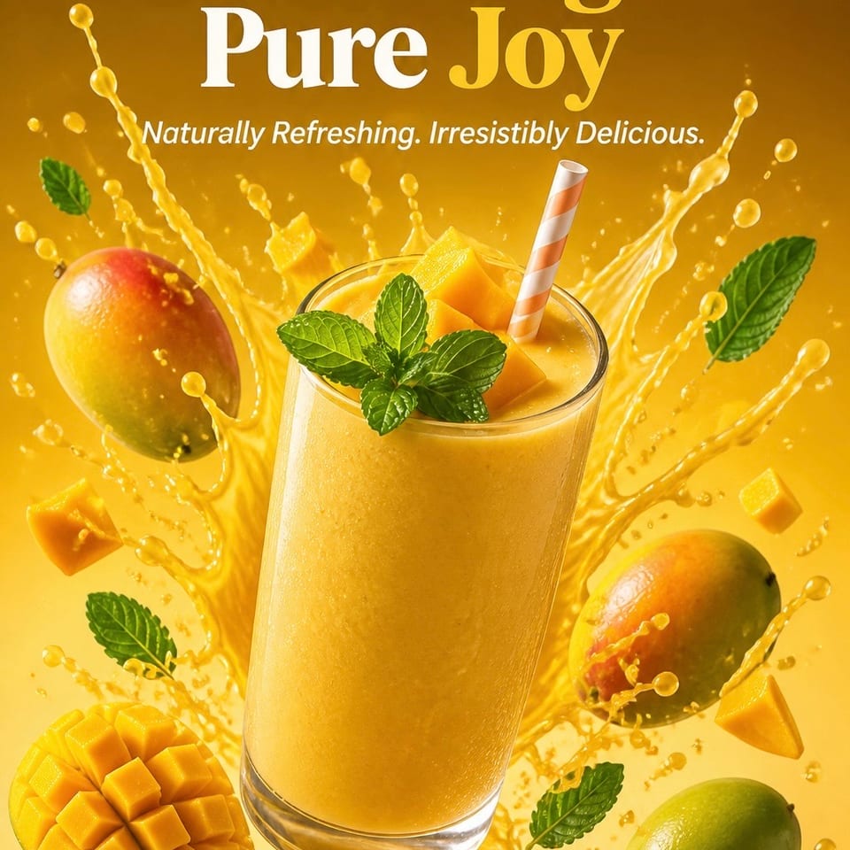 A mango smoothie in a glass with a straw, surrounded by whole and cut mangoes, mint, and splashes of juice.